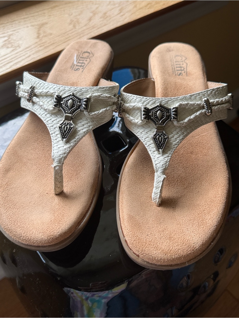 Cliffs‎ by WHITE MOUNTAIN Cream Braided Thong Sandals with Silver Embellishments